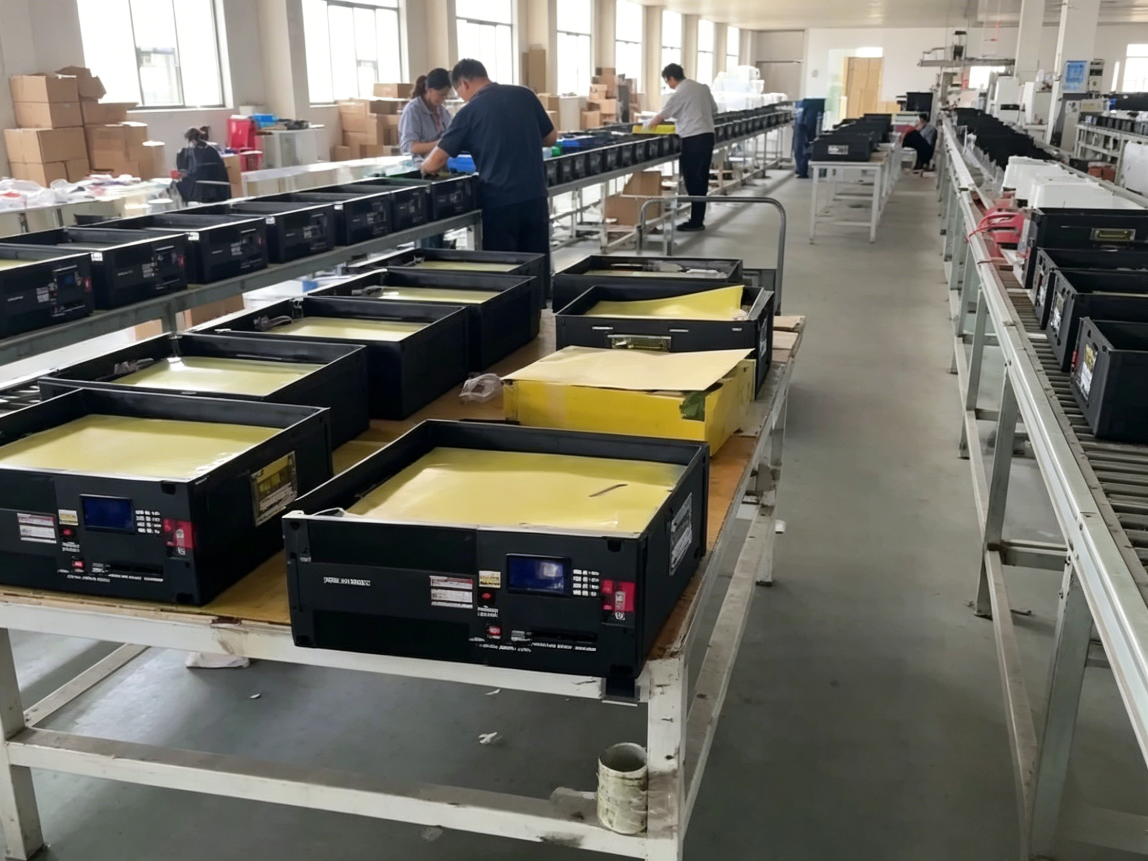 Semi-finished energy storage units in workshop warehouse