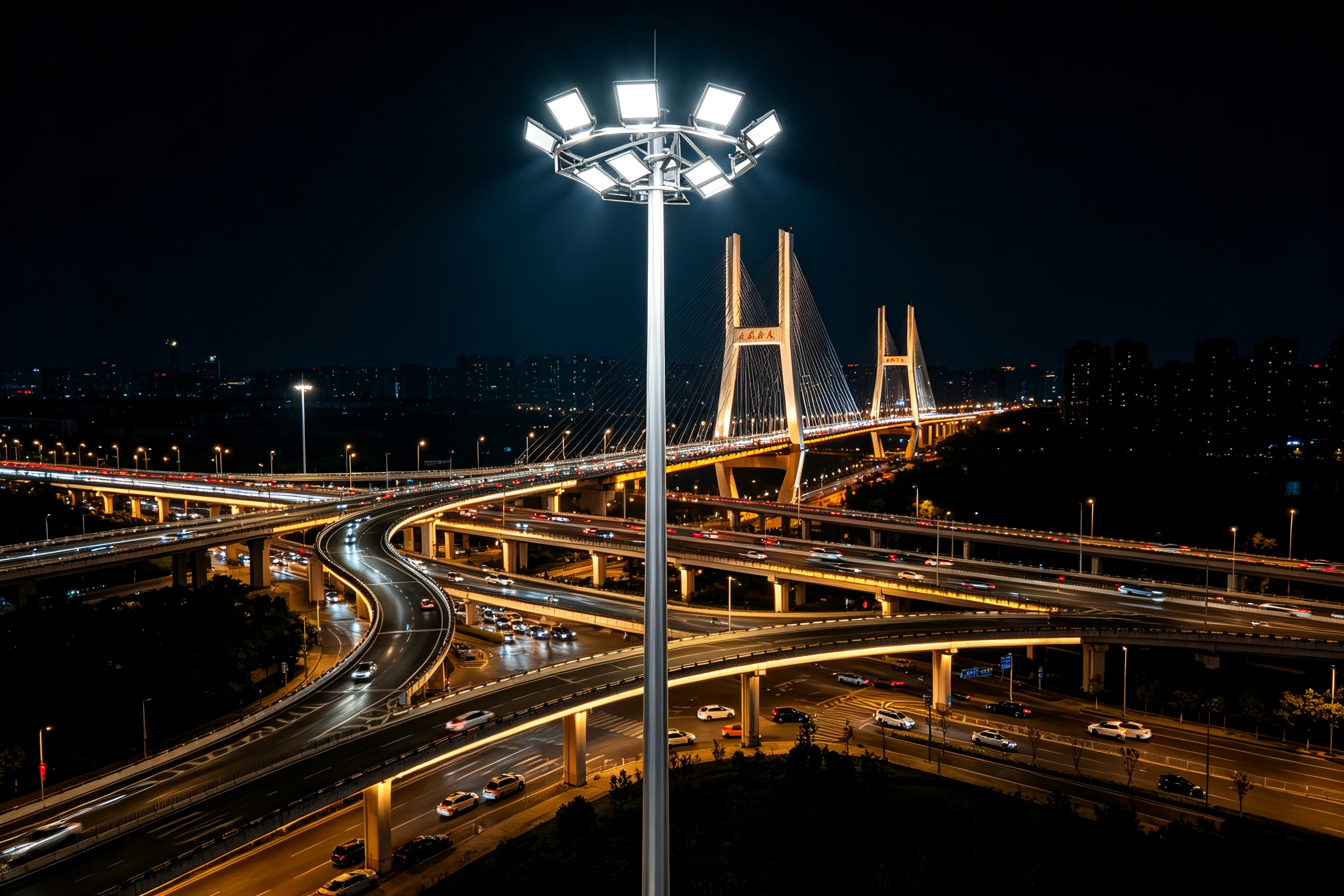 High mast lights illuminating highway