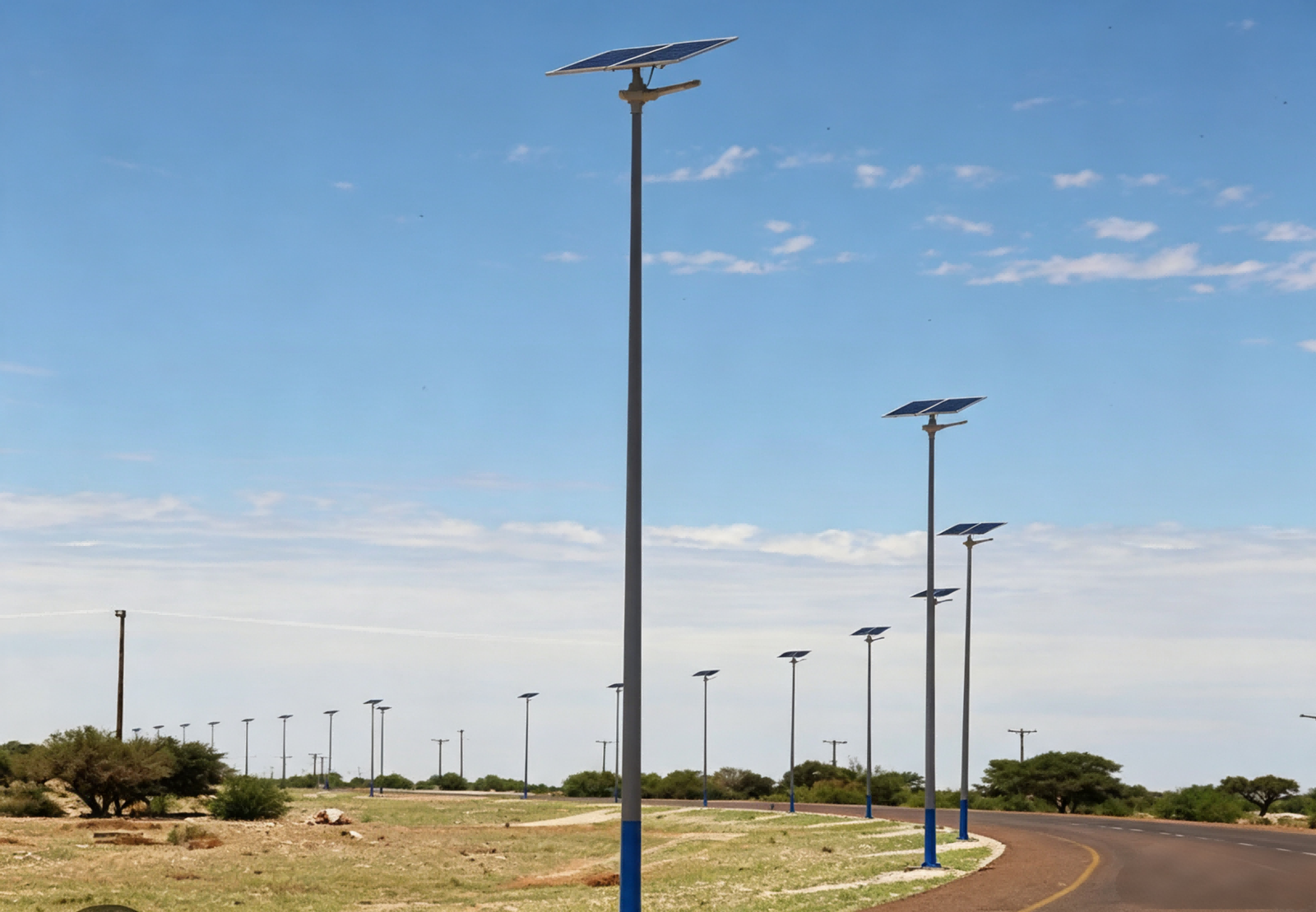 Municipal road illuminated with solar LED street lights at night