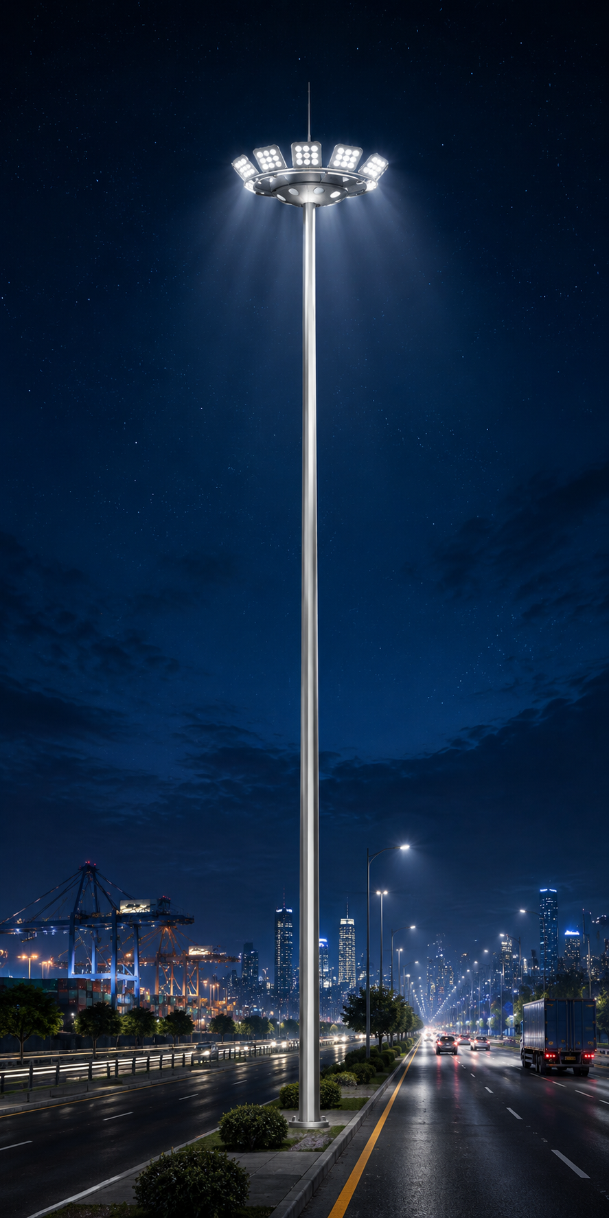 High mast lighting tower illuminating a large port and logistics area