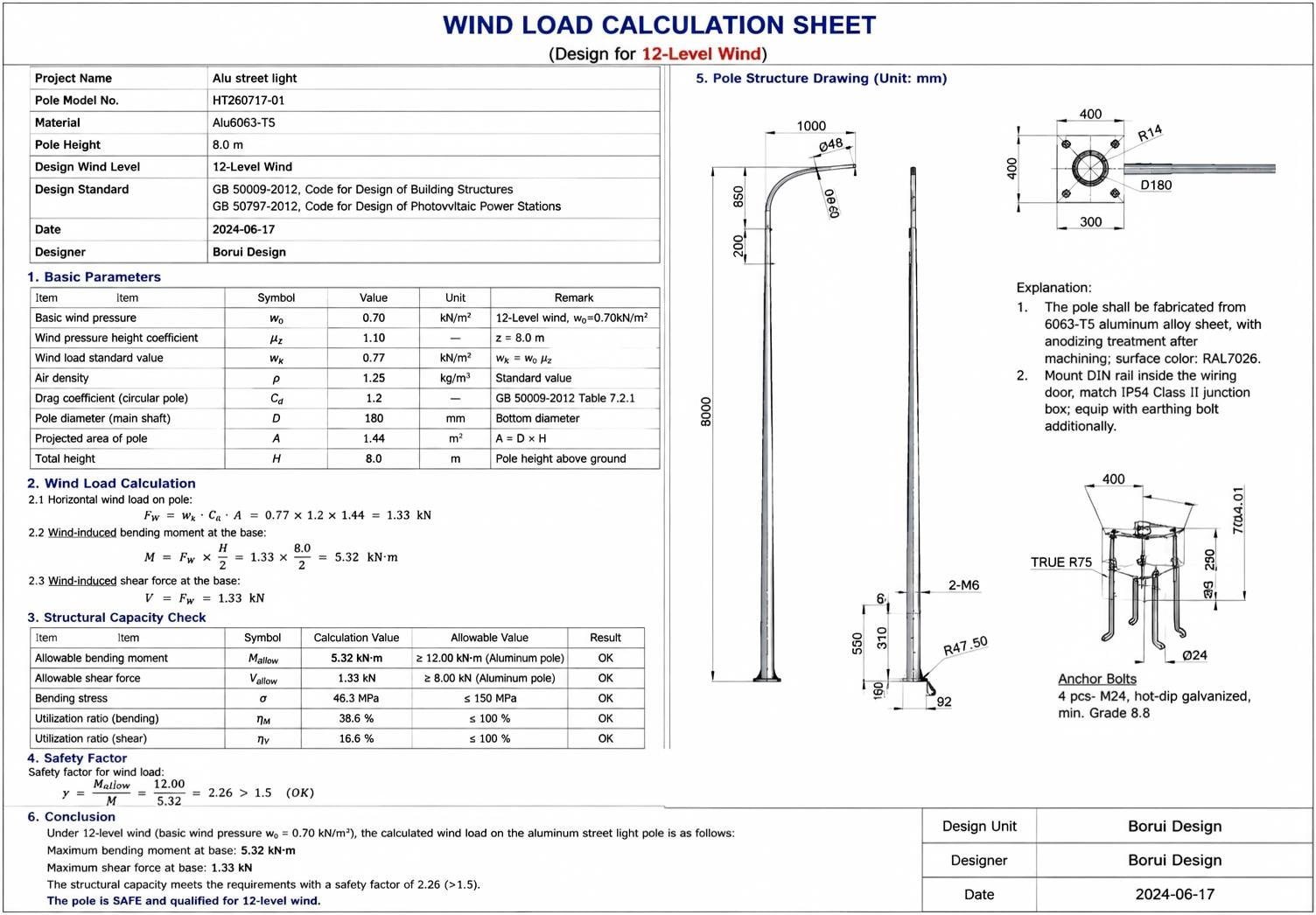 Street light pole structural cross-section and wind load diagram showing force vectors and anchor bolt pattern