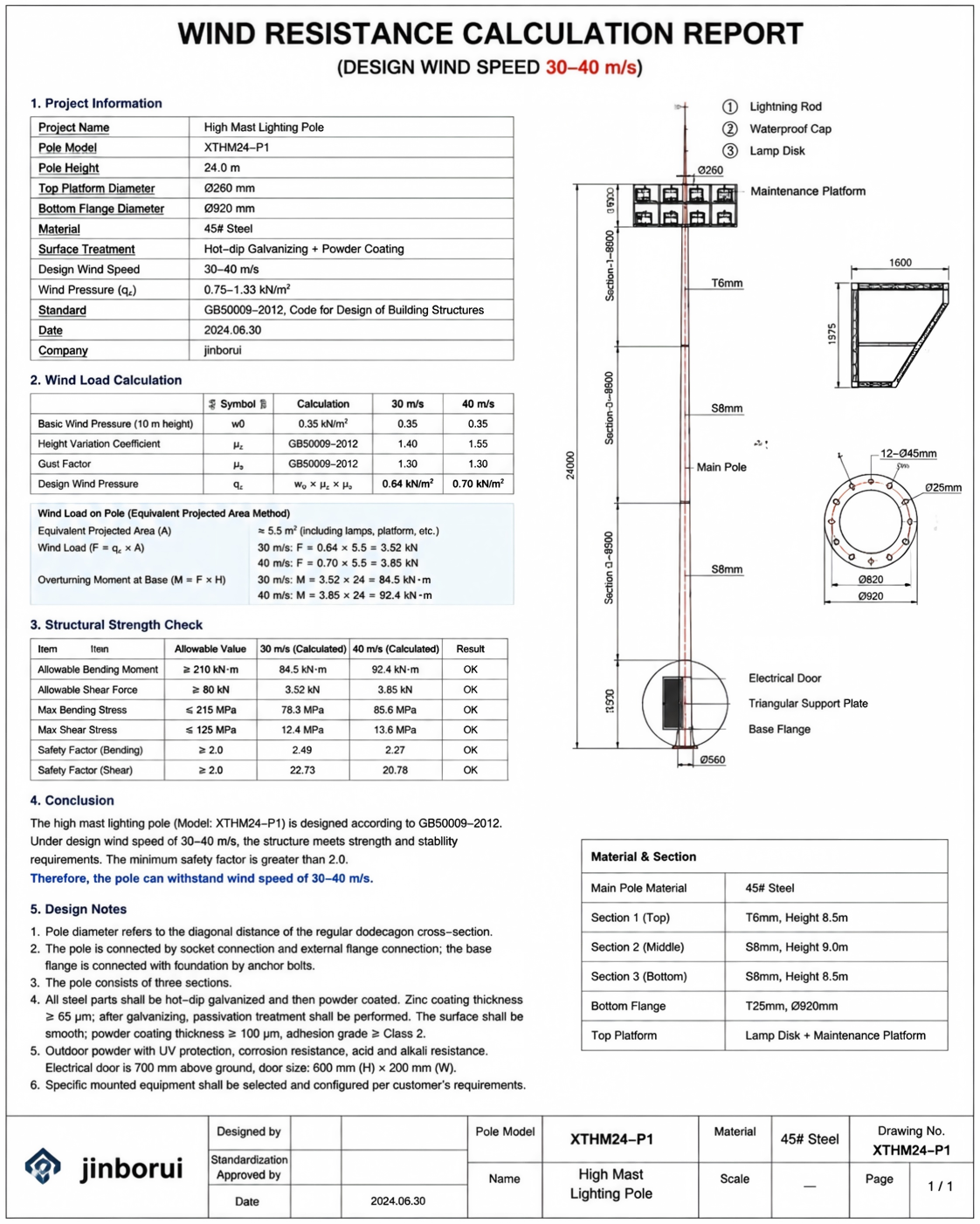 Structural FEA stress analysis diagram of high mast pole under wind loading conditions