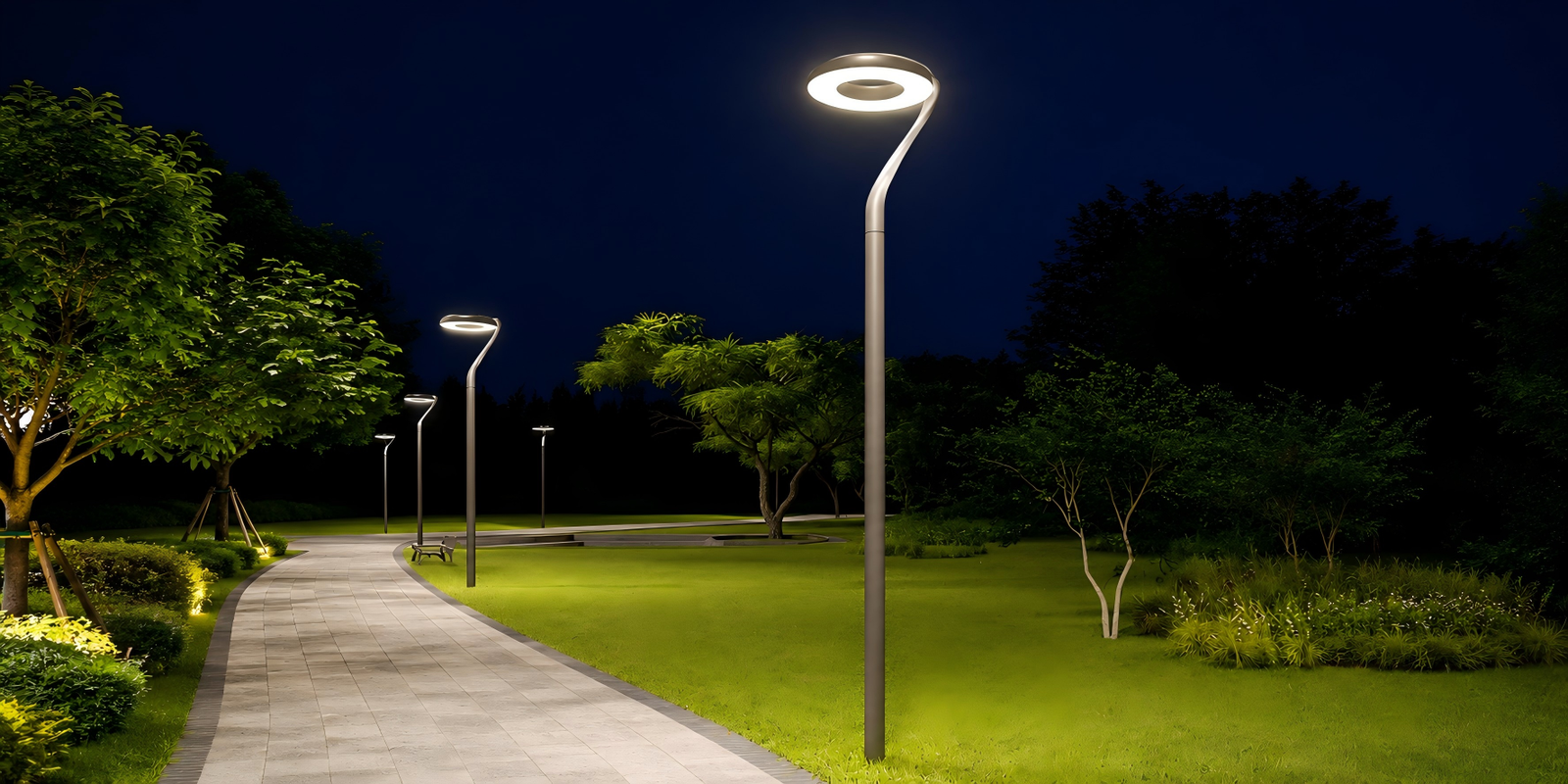 LED bollard pathway lighting and driveway edge markers illuminating a residential walkway at night