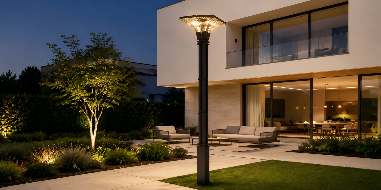 Residential landscape lighting illuminating garden, yard, and backyard with warm LED spotlights