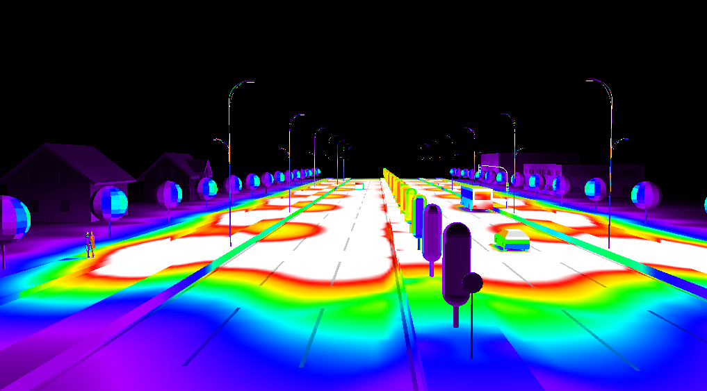DIALux lighting simulation output showing road illuminance distribution and false-color map
