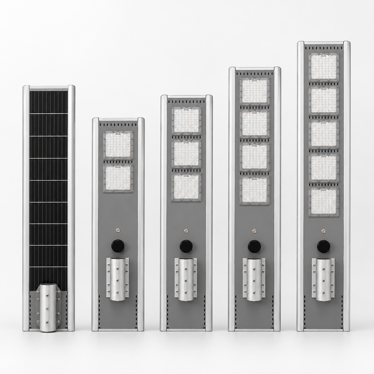 All-in-one solar street light fixture -- split-arm high-lumen design