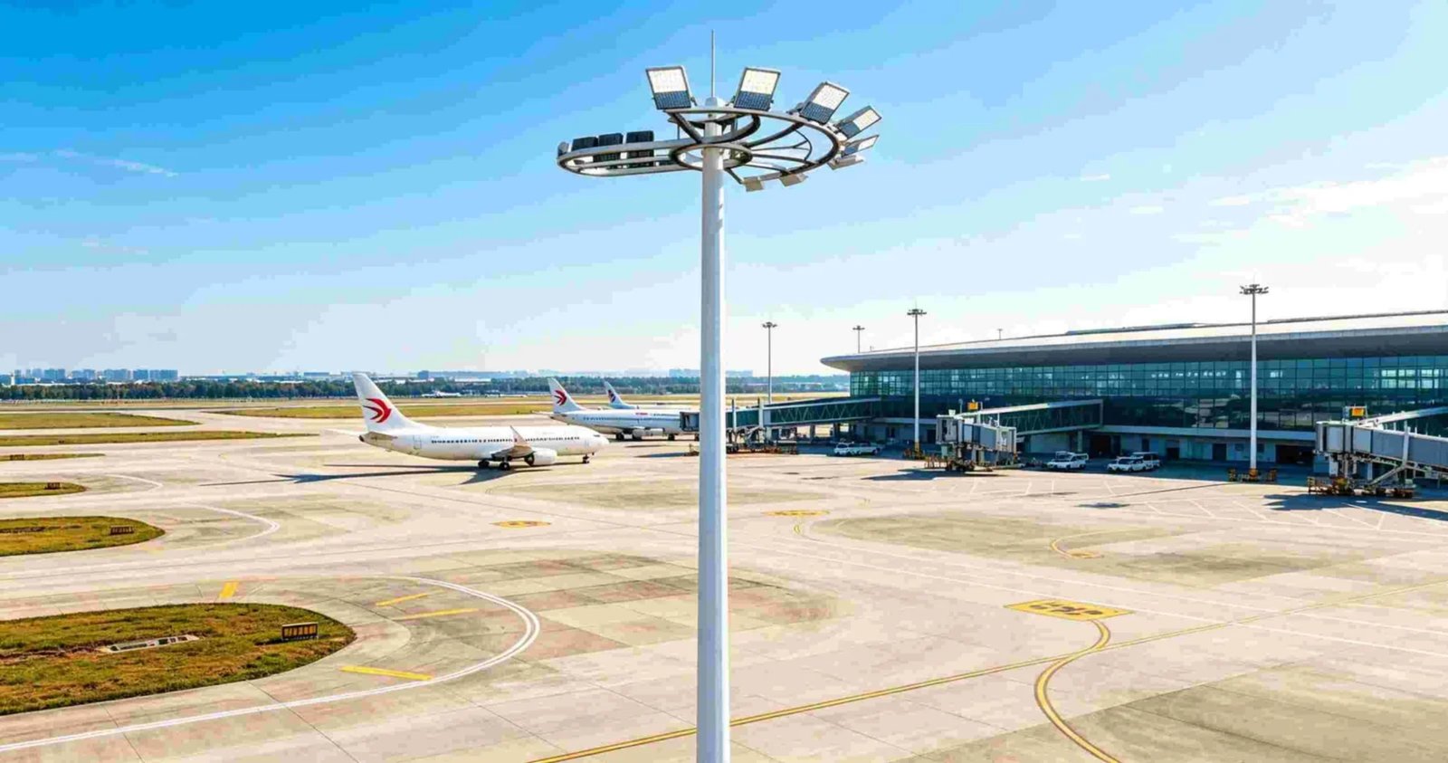 Port terminal illuminated by high mast LED floodlights at night