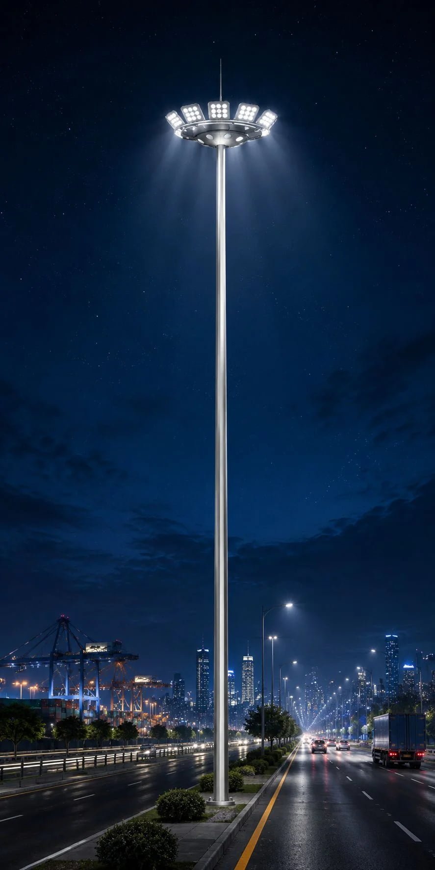 High mast lighting tower illuminating a large port and logistics area