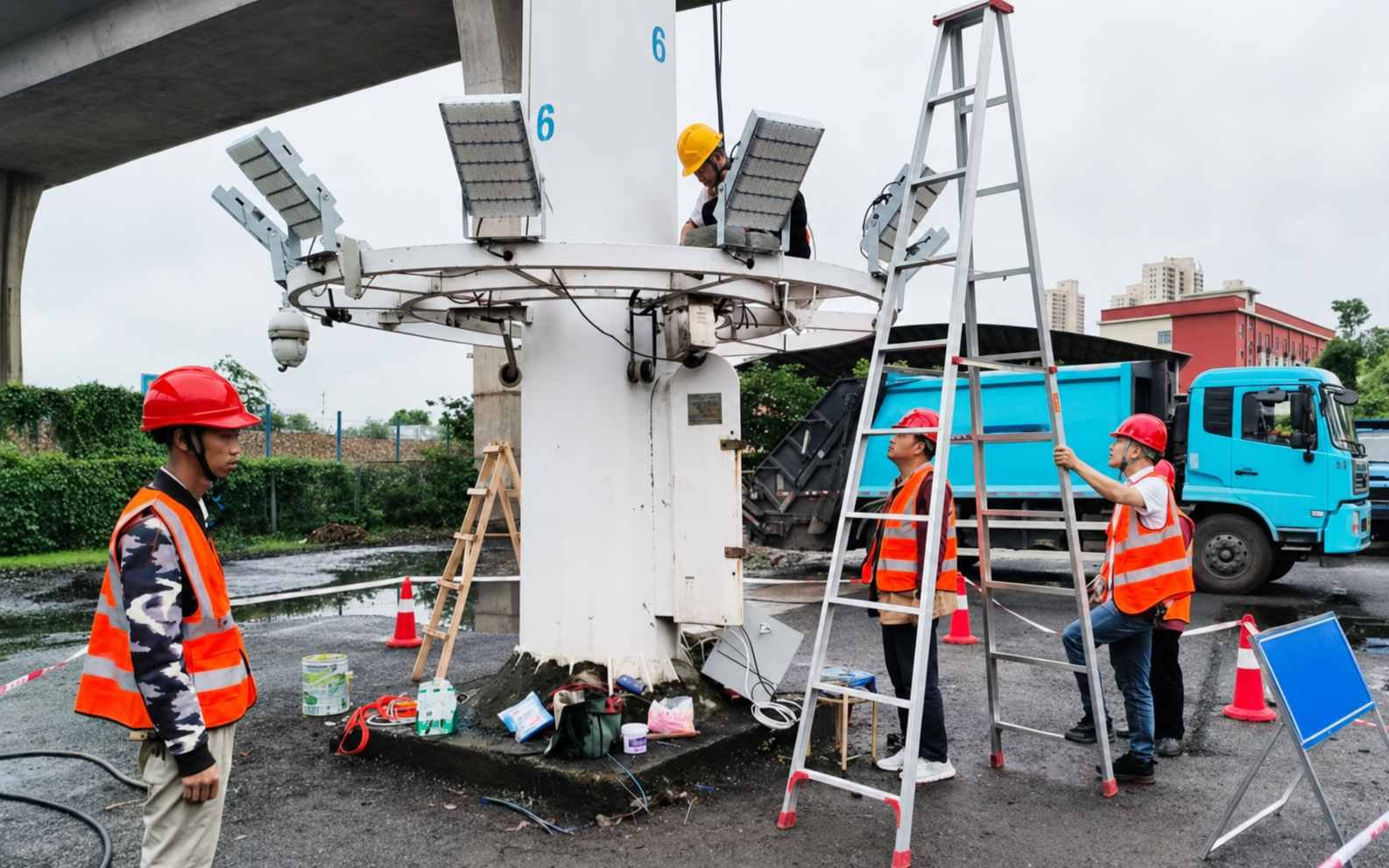 High mast lighting installation on a large infrastructure project site