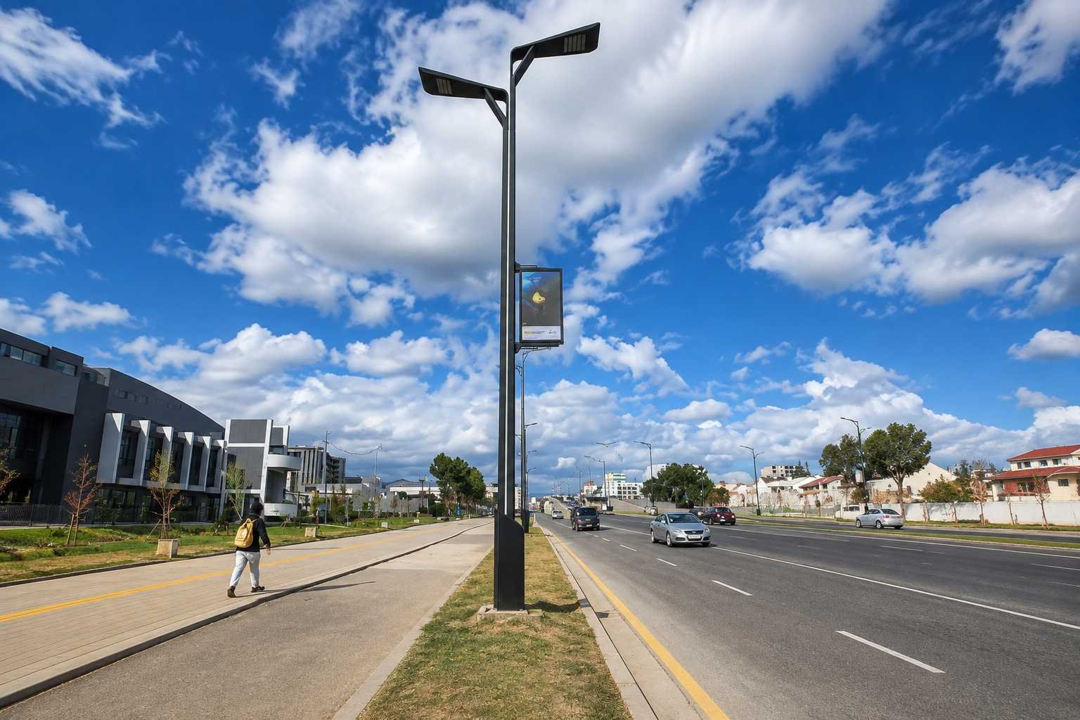LED street lights installed on an urban road in Ethiopia