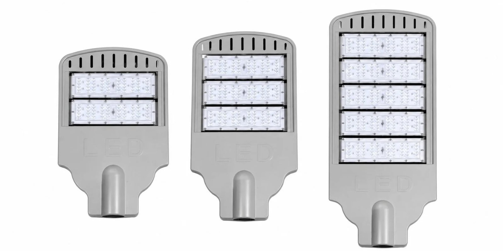 LED light engine close-up showing optical lens array and heat dissipation fins