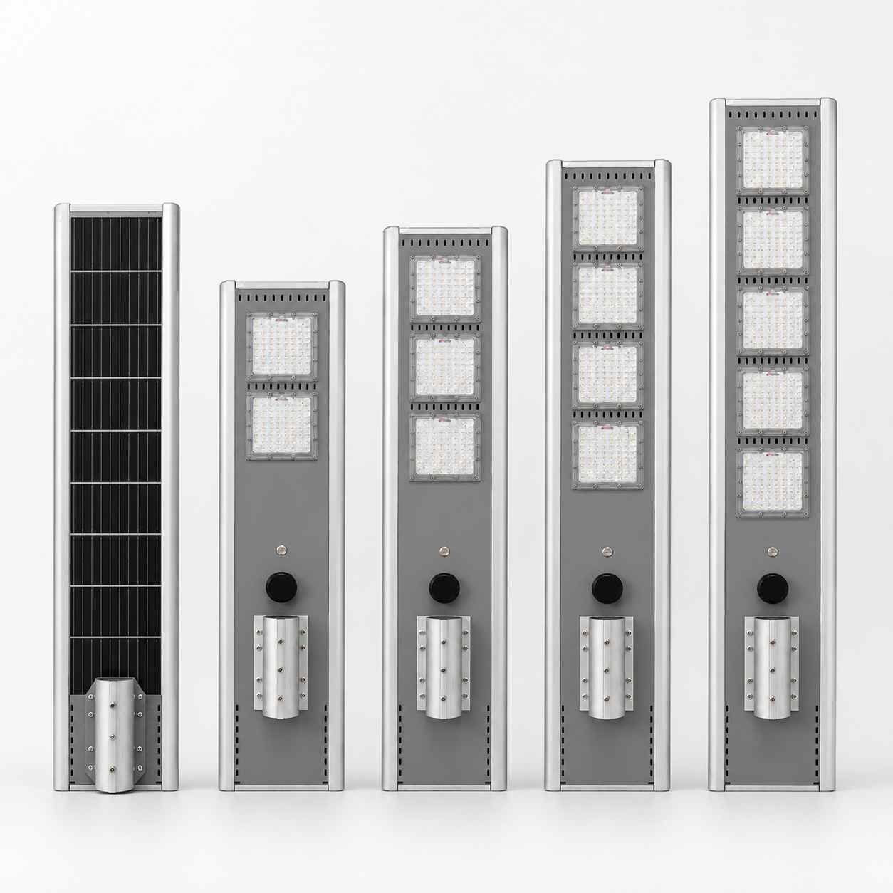 All-in-one solar street light fixture -- split-arm high-lumen design