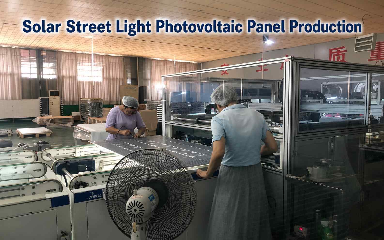 Solar street light assembly line -- workers assembling LED modules and solar panels