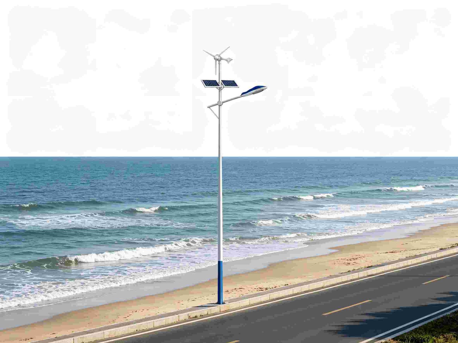 Wind solar hybrid street light system diagram showing pole, wind turbine, solar panel, battery box, and LED head components