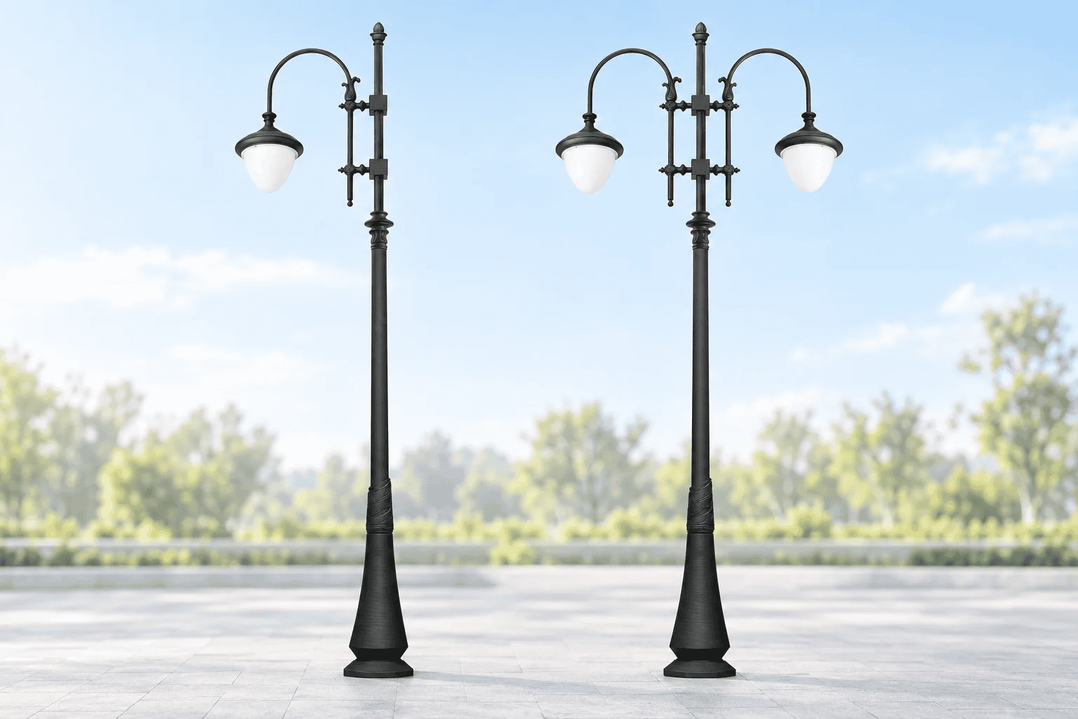 Classic single and double arm street lights for parks