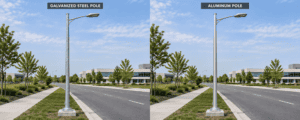 Steel vs Aluminum Street Light Poles: Which Is Better for Municipal and Solar Lighting Projects? 1 Galvanized steel pole and aluminum pole comparison