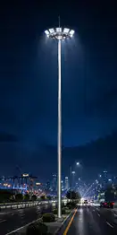 High mast lighting tower illuminating a large port and logistics area