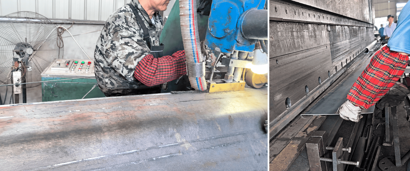 How to Choose a Reliable Street Light Pole Manufacturer for Municipal and Solar Lighting Projects 2 Workers operating metal fabrication equipment in a street light pole workshop