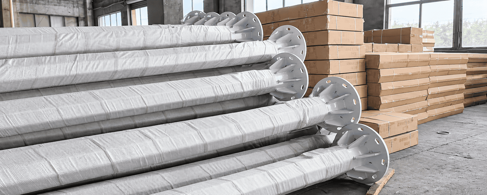 How to Choose a Reliable Street Light Pole Manufacturer for Municipal and Solar Lighting Projects 1 Wrapped street light poles stacked inside a factory workshop